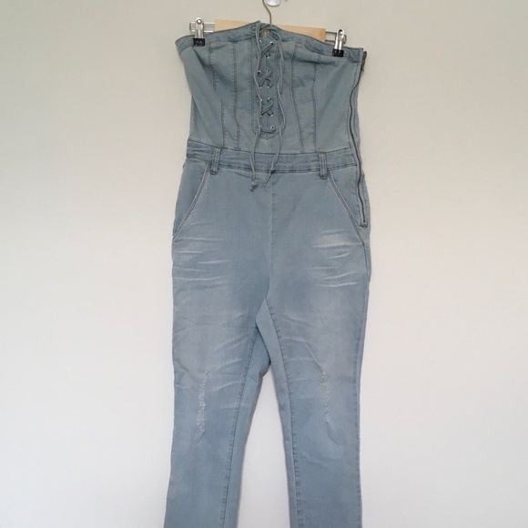 Venus Jeans Sz 6 Blue Denim Overall Light Wash Side Zip Lace Up Front Whisker - Picture 1 of 16